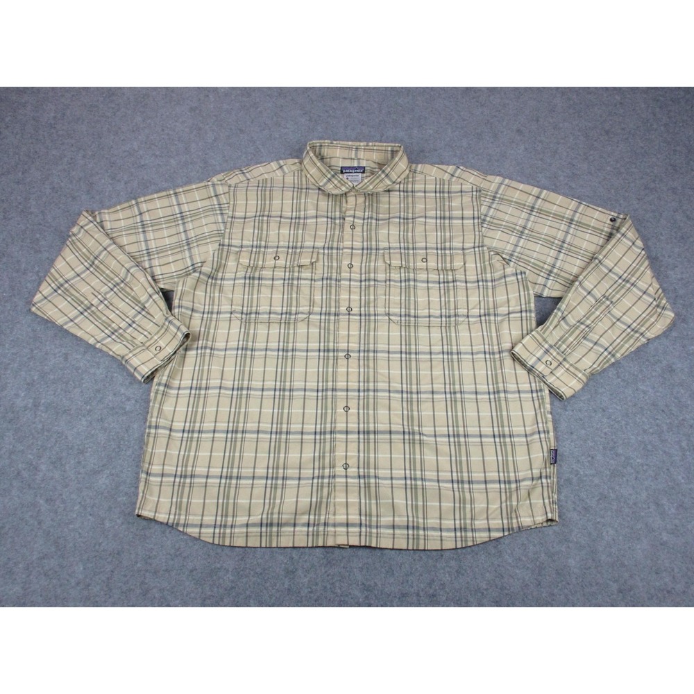 Patagonia Shirt Mens Extra Large Beige El Ray Long Sleeve Plaid Snap Roll Tab